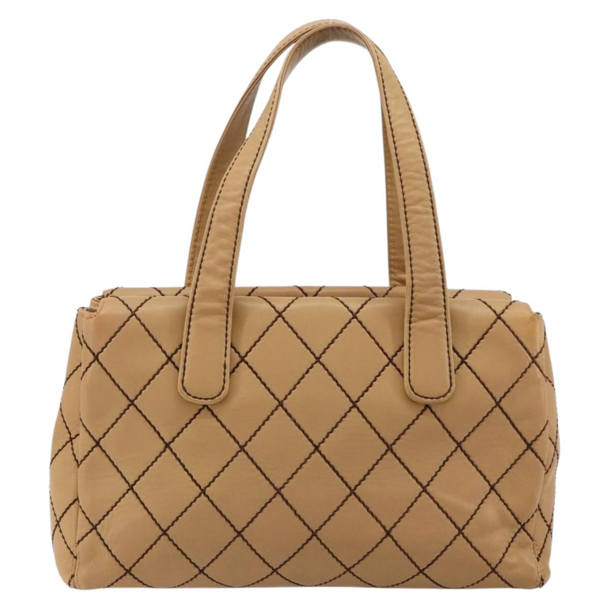 CHANEL Wild Stitch Hand Bag Leather Beige CC Auth mr2476A