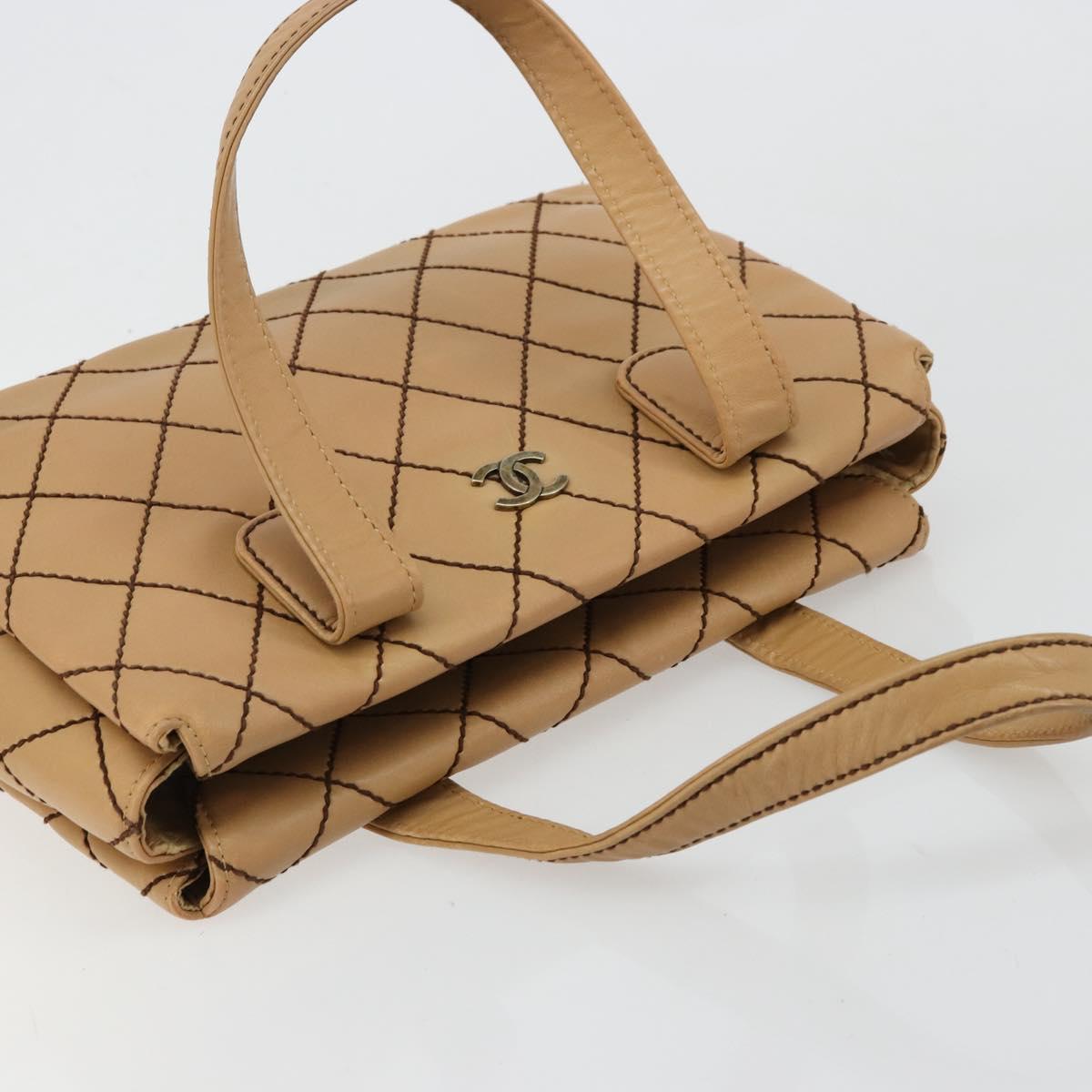 CHANEL Wild Stitch Hand Bag Leather Beige CC Auth mr2476A
