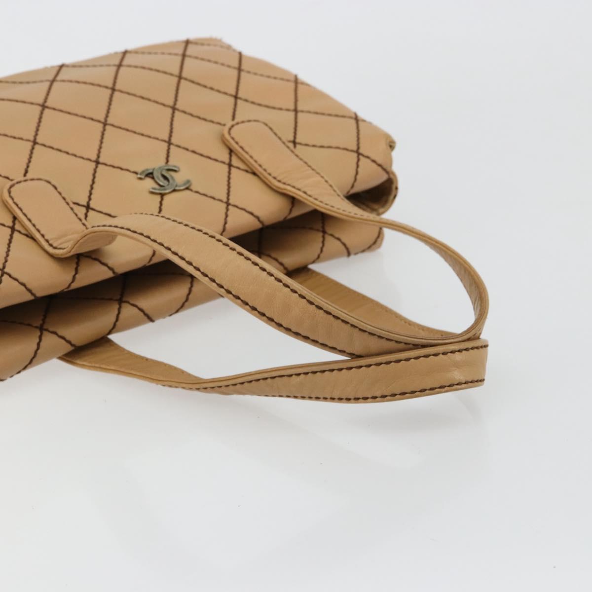 CHANEL Wild Stitch Hand Bag Leather Beige CC Auth mr2476A