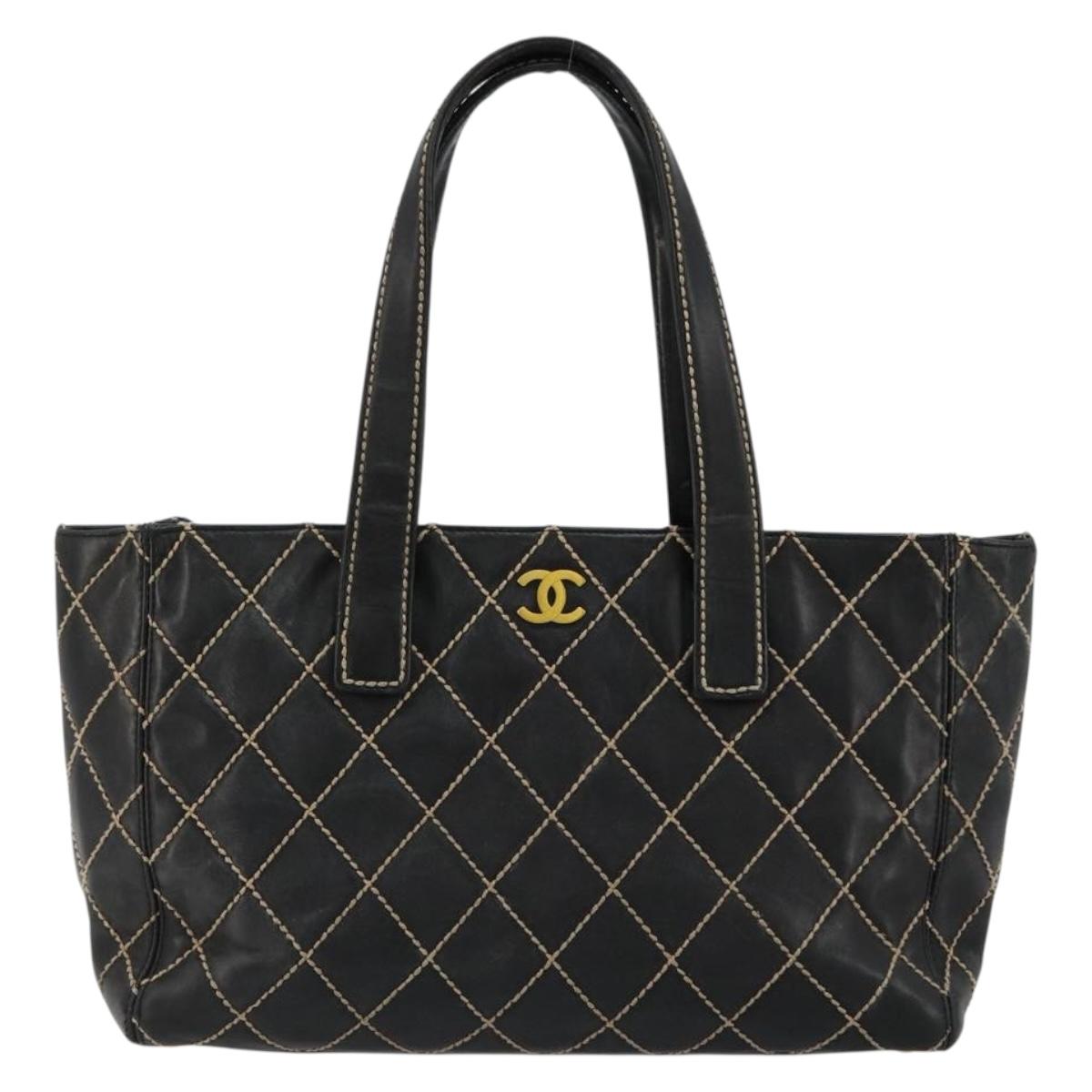 CHANEL Wild Stitch Hand Bag Leather Black Gold CC Auth mr2477A