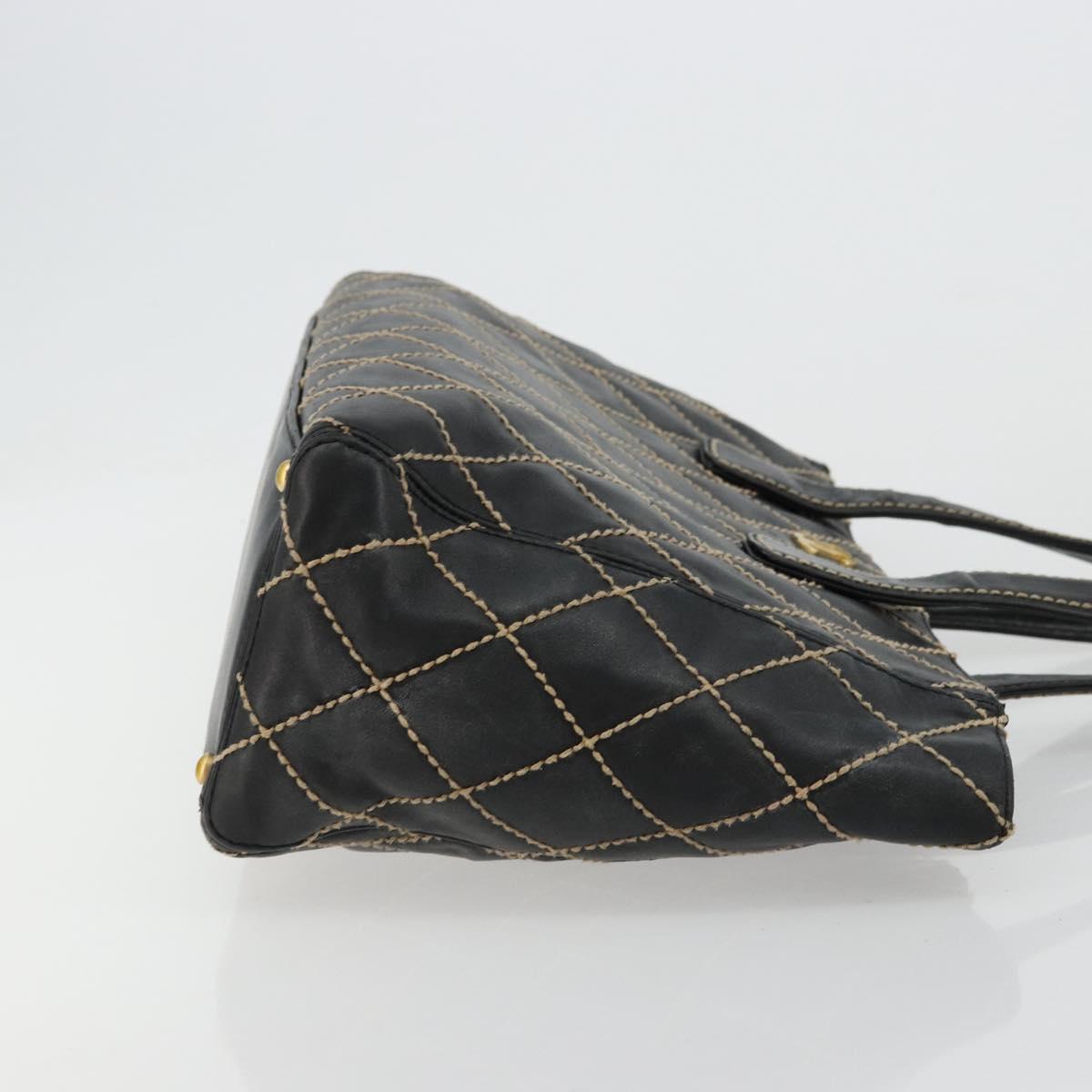 CHANEL Wild Stitch Hand Bag Leather Black Gold CC Auth mr2477A