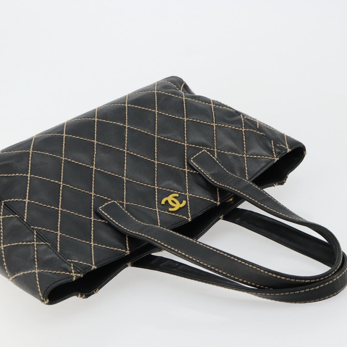 CHANEL Wild Stitch Hand Bag Leather Black Gold CC Auth mr2477A