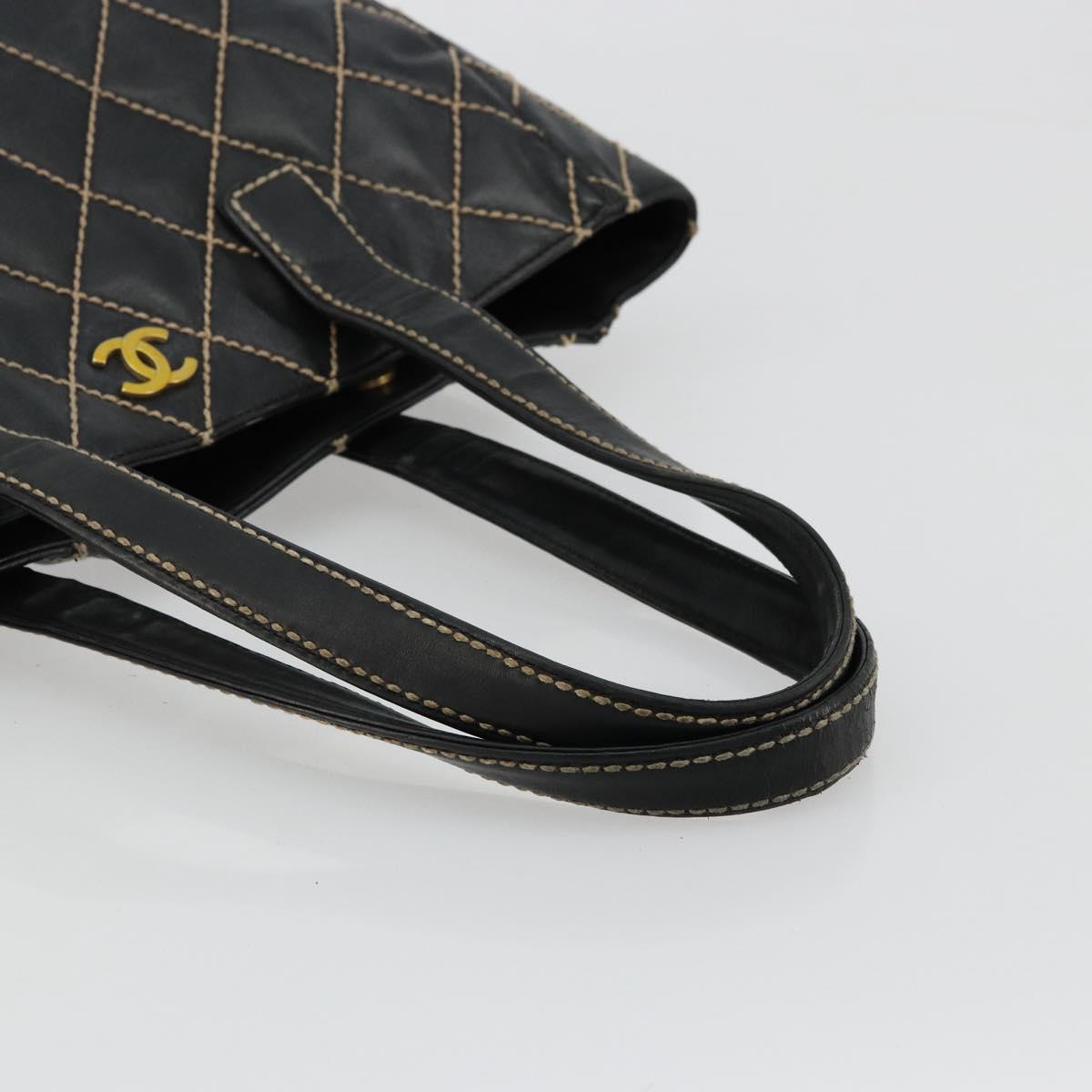 CHANEL Wild Stitch Hand Bag Leather Black Gold CC Auth mr2477A