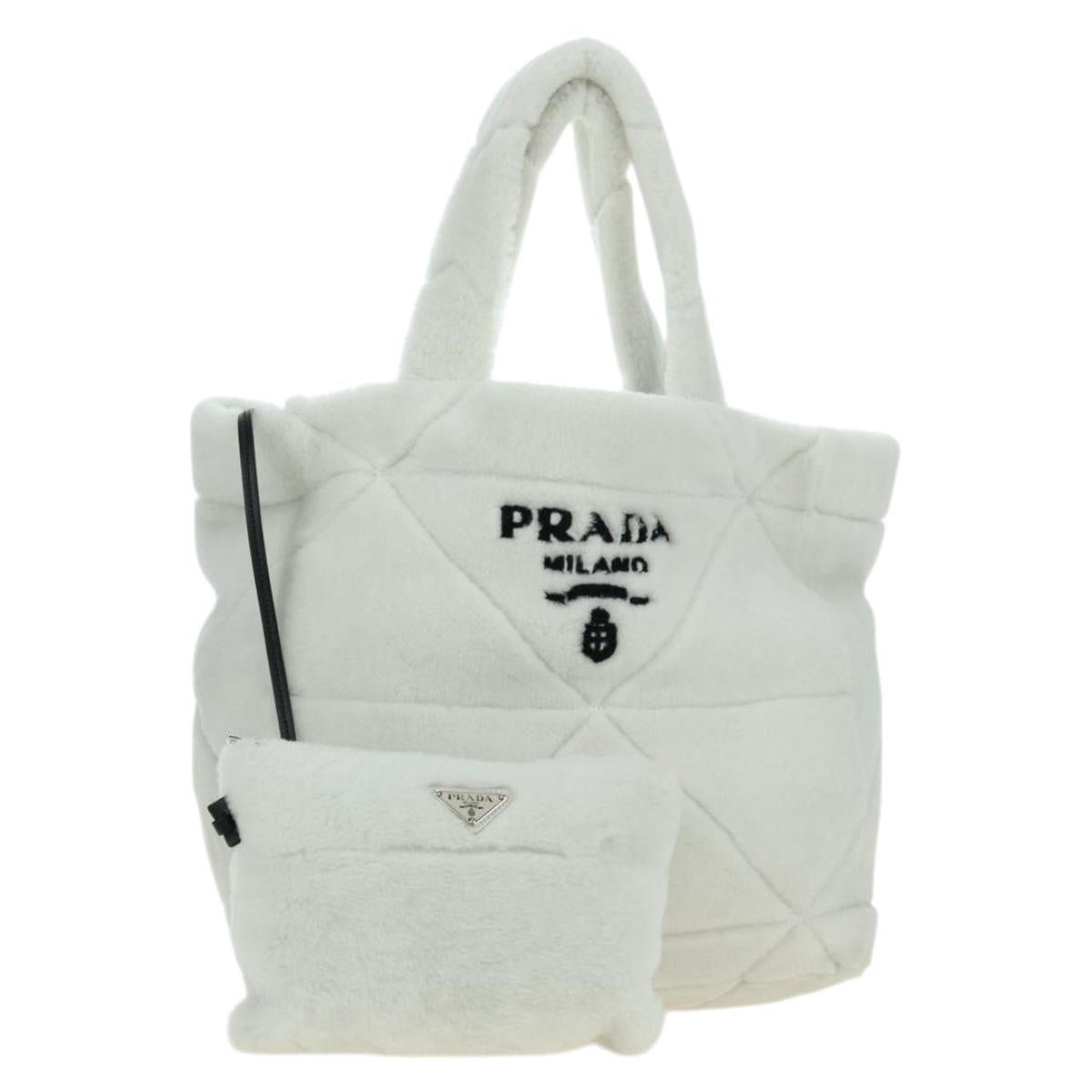 PRADA Shearing Tote Bag Mouton White Silver Auth mr2498V