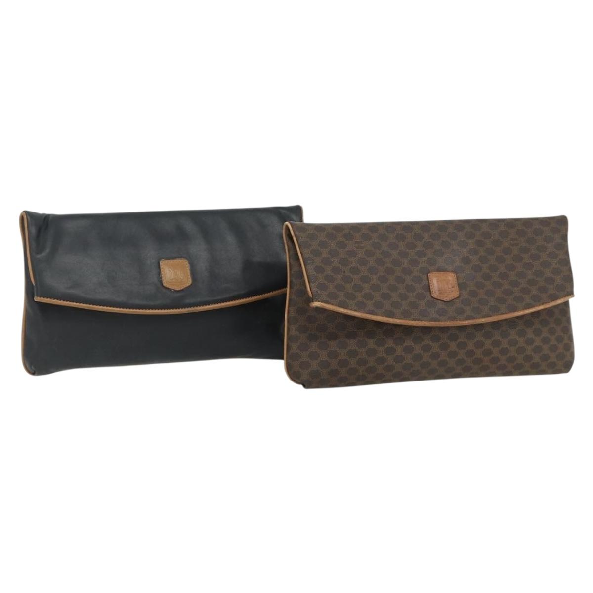 CELINE Macadam Canvas Clutch Bag PVC Leather 2 Set Brown Black Auth mr2499