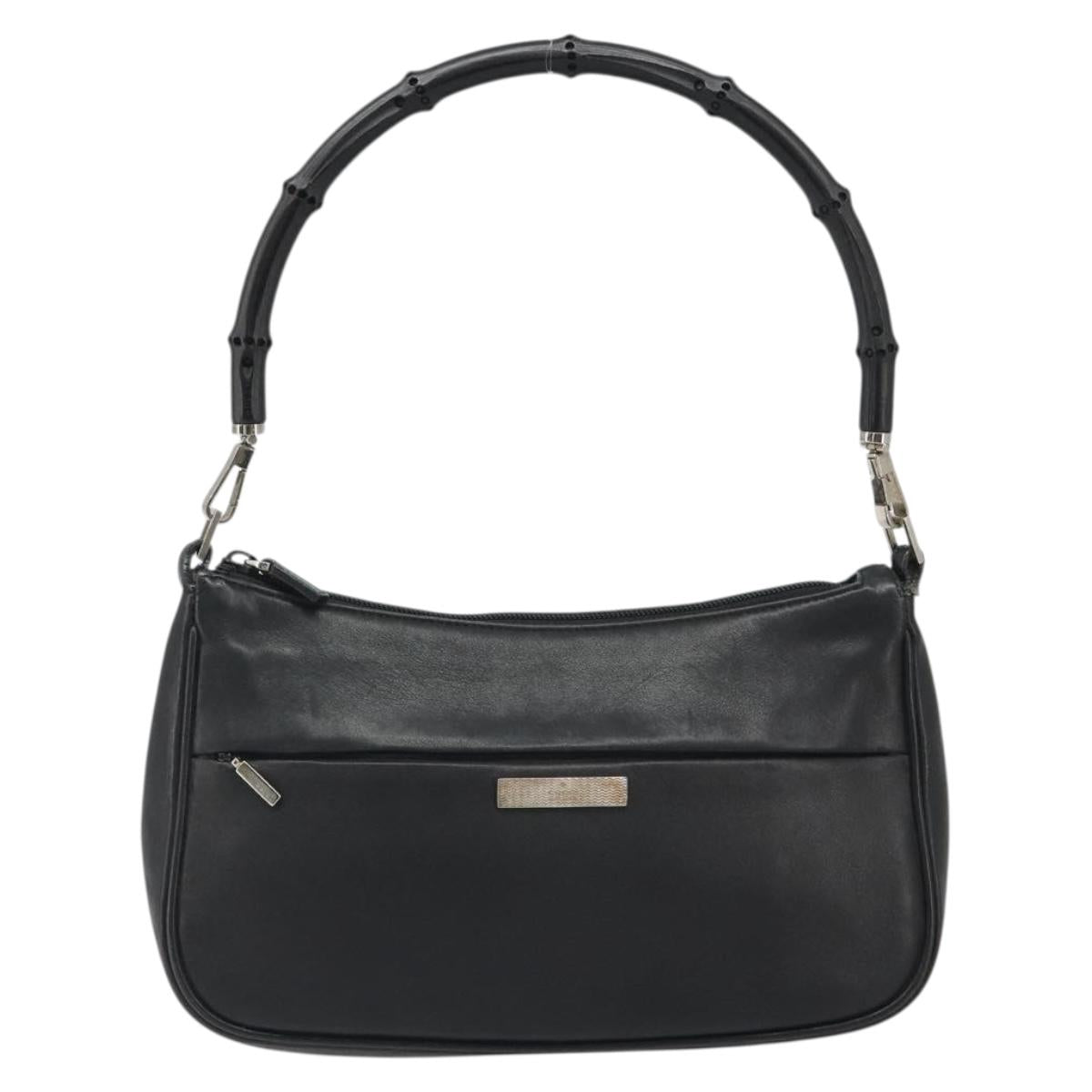 GUCCI Bamboo Shoulder Bag Leather Black Silver 001 3865 Auth mr2519V