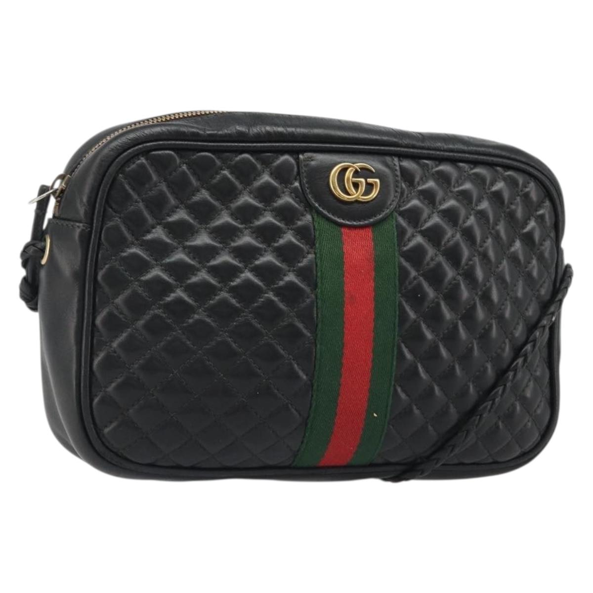 GUCCI GG Marmont Web Sherry Line Bag Leather Perfo Black Gold 541051 Auth mr2530