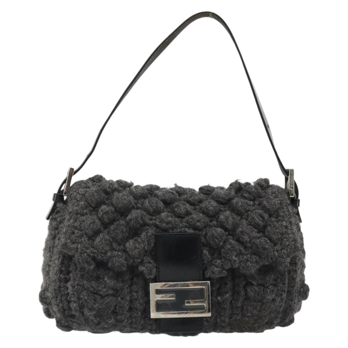 FENDI Mamma Baguette Shoulder Bag Knitted Fabrics Gray Silver Auth mr2538A