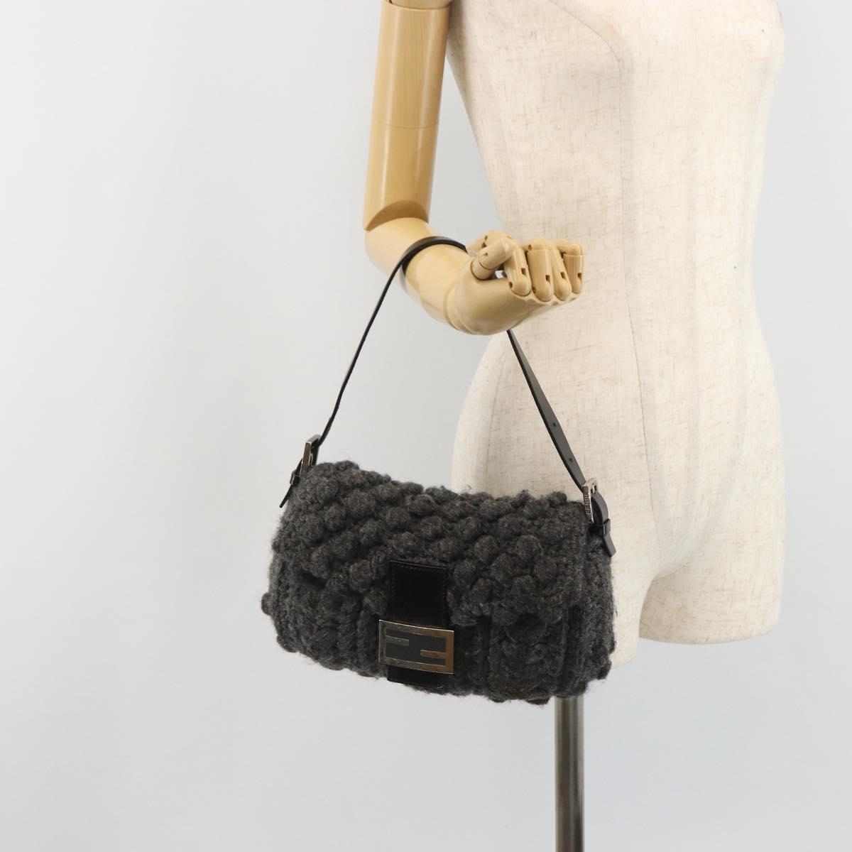 FENDI Mamma Baguette Shoulder Bag Knitted Fabrics Gray Silver Auth mr2538A