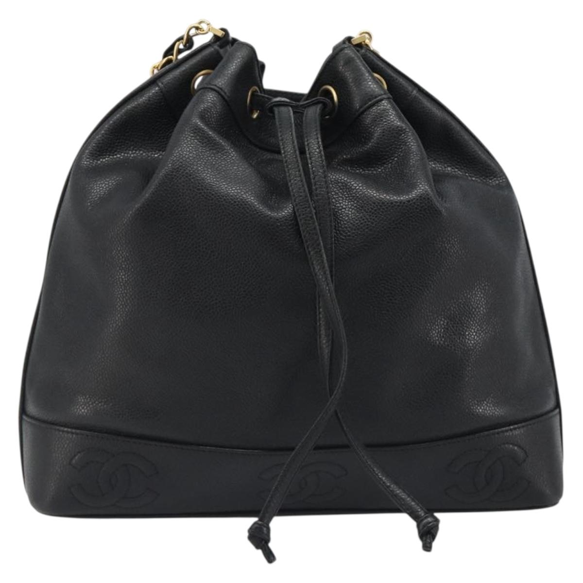 CHANEL Shoulder Bag Caviar Skin Black Gold CC Auth mr2541A
