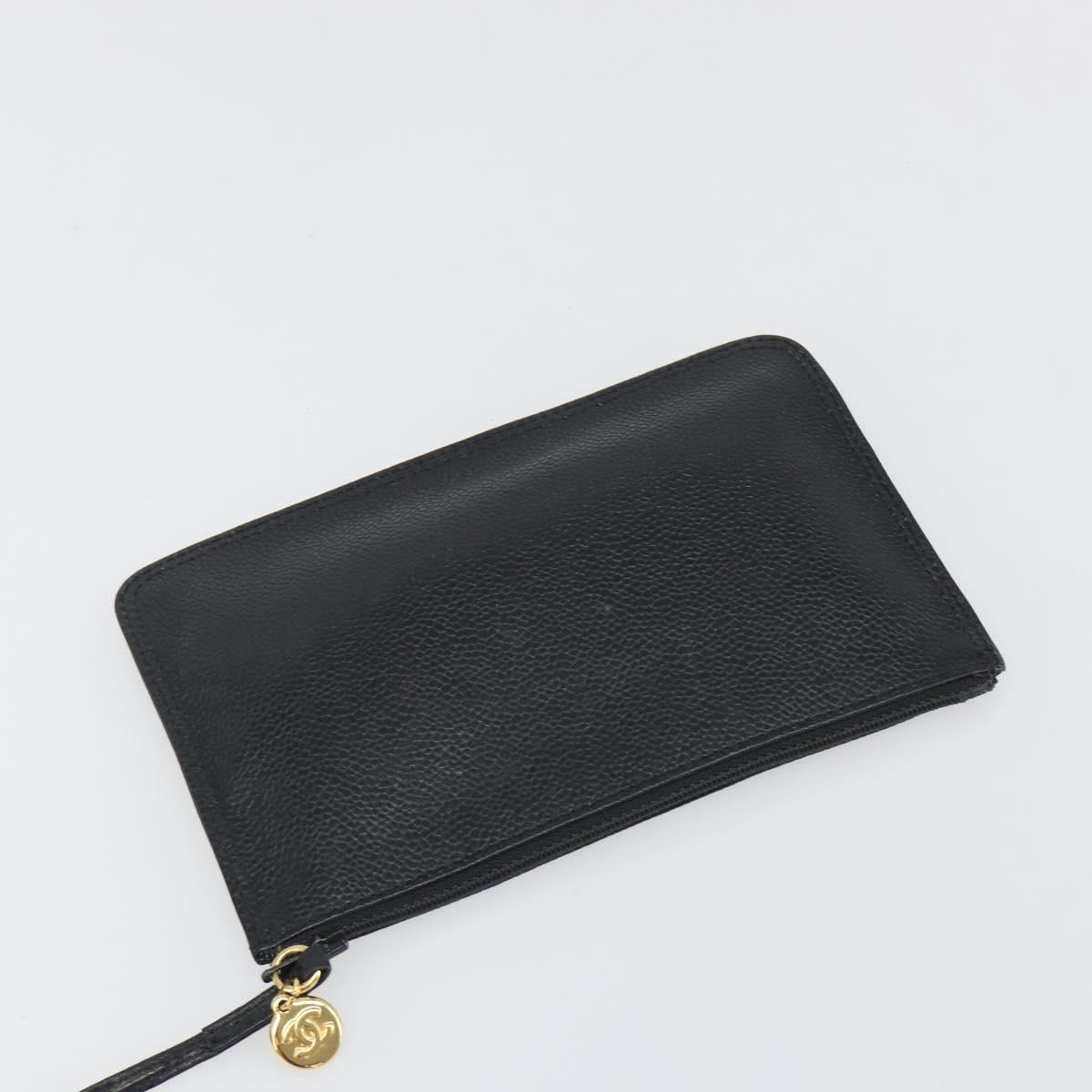 CHANEL Shoulder Bag Caviar Skin Black Gold CC Auth mr2541A