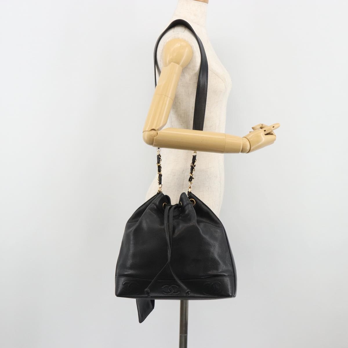 CHANEL Shoulder Bag Caviar Skin Black Gold CC Auth mr2541A