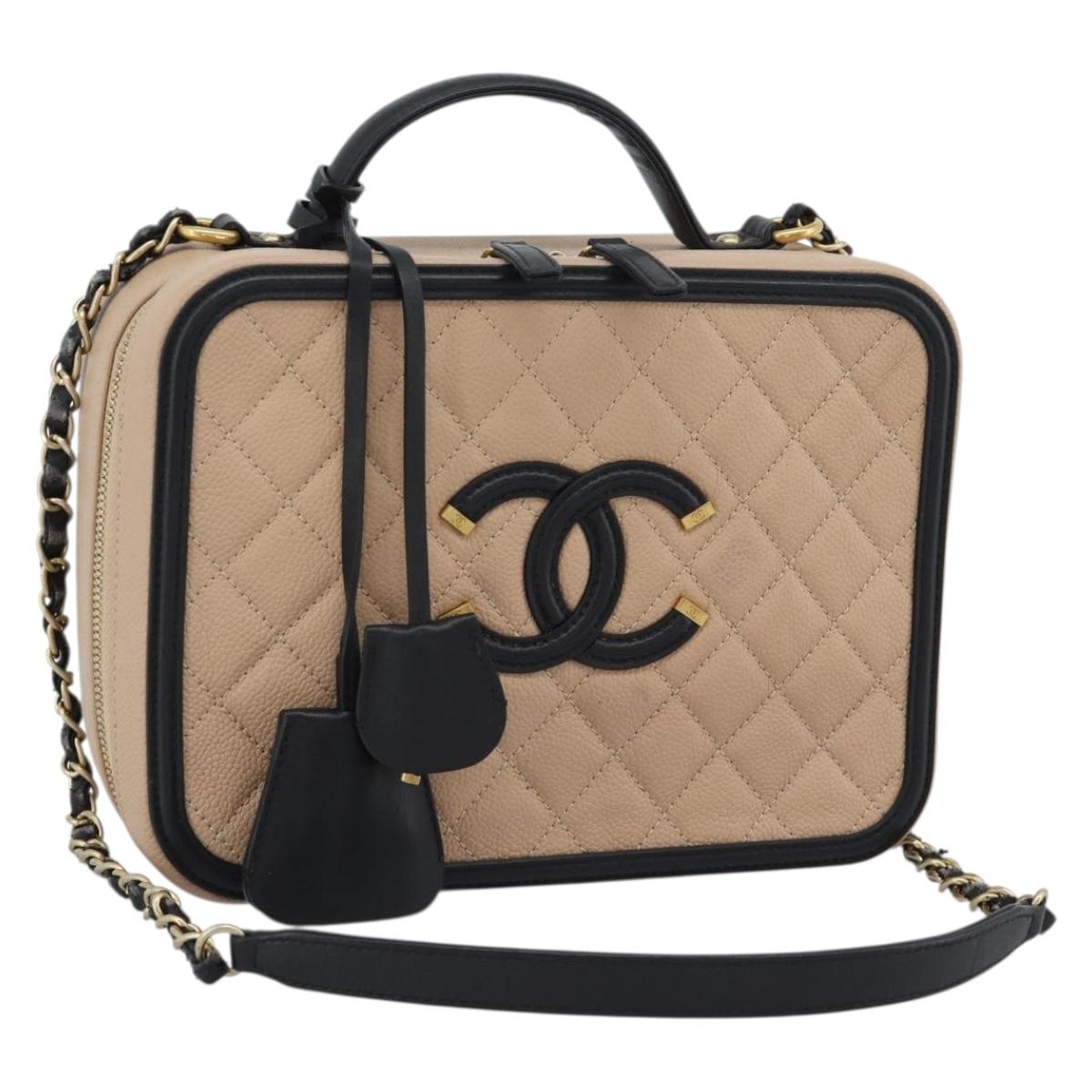 CHANEL CC Filigree Vanity Hand Bag Caviar Skin 2way Beige Gold CC Auth mr2542M