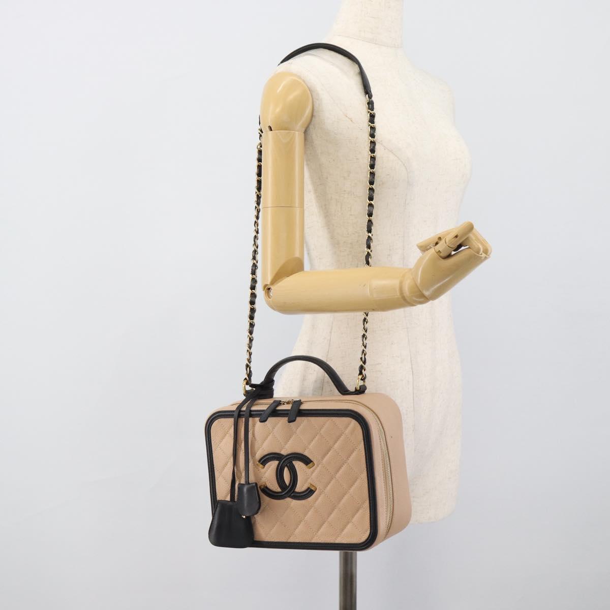 CHANEL CC Filigree Vanity Hand Bag Caviar Skin 2way Beige Gold CC Auth mr2542M