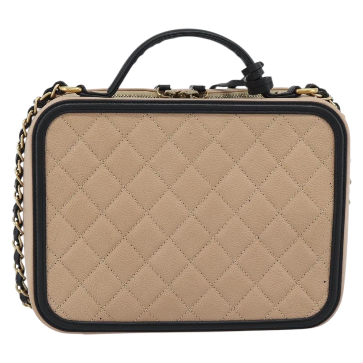 CHANEL CC Filigree Vanity Hand Bag Caviar Skin 2way Beige Gold CC Auth mr2542M