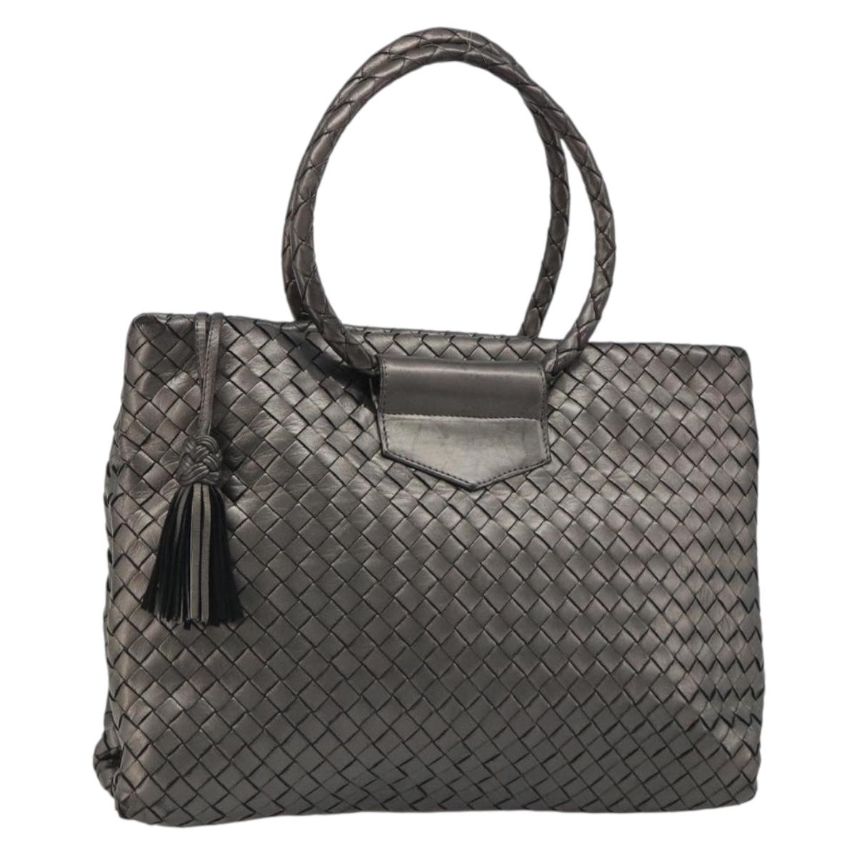 BOTTEGA VENETA INTRECCIATO Hand Bag Leather Silver Gold Auth mr2543A