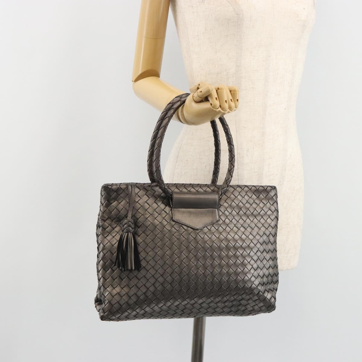 BOTTEGA VENETA INTRECCIATO Hand Bag Leather Silver Gold Auth mr2543A