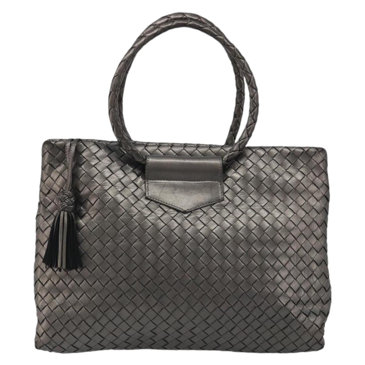 BOTTEGA VENETA INTRECCIATO Hand Bag Leather Silver Gold Auth mr2543A