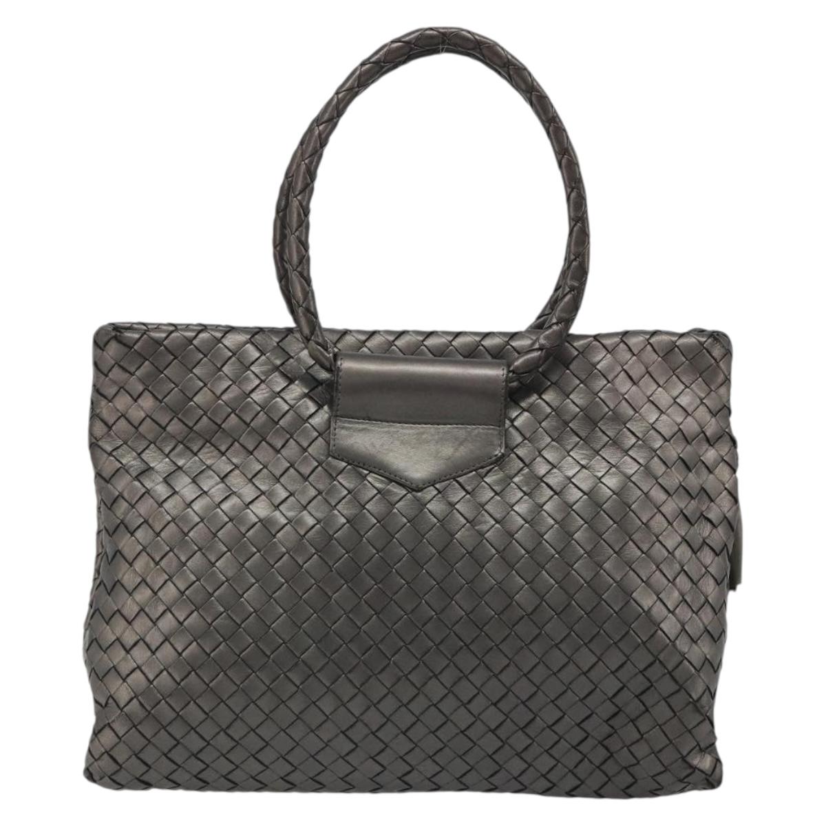 BOTTEGA VENETA INTRECCIATO Hand Bag Leather Silver Gold Auth mr2543A