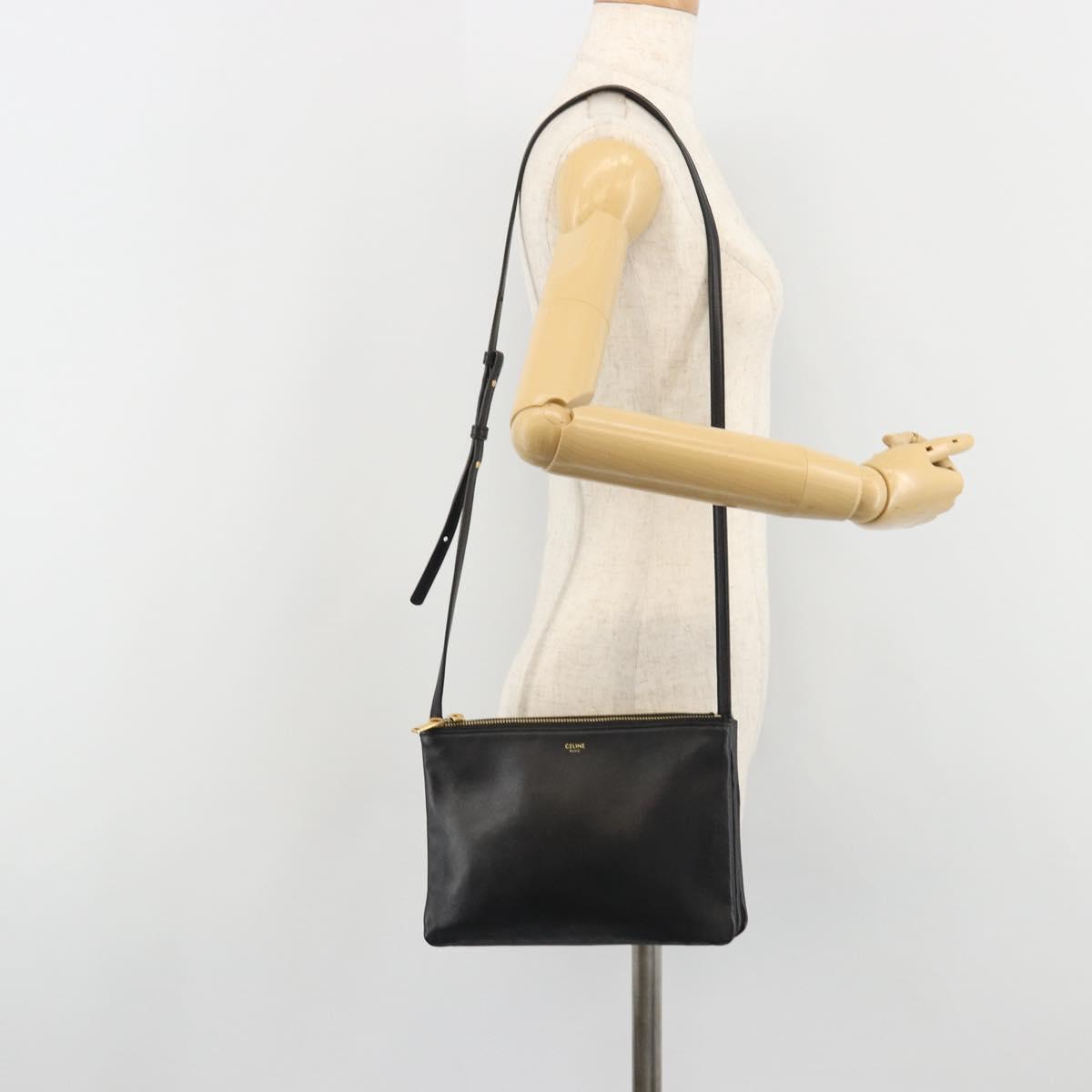 CELINE Trio Shoulder Bag Leather Black Gold Auth mr2544V