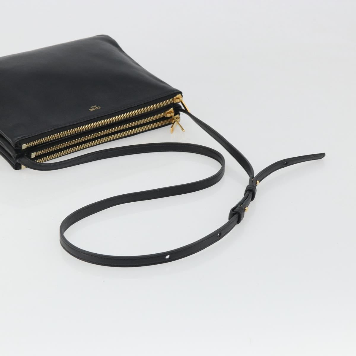 CELINE Trio Shoulder Bag Leather Black Gold Auth mr2544V