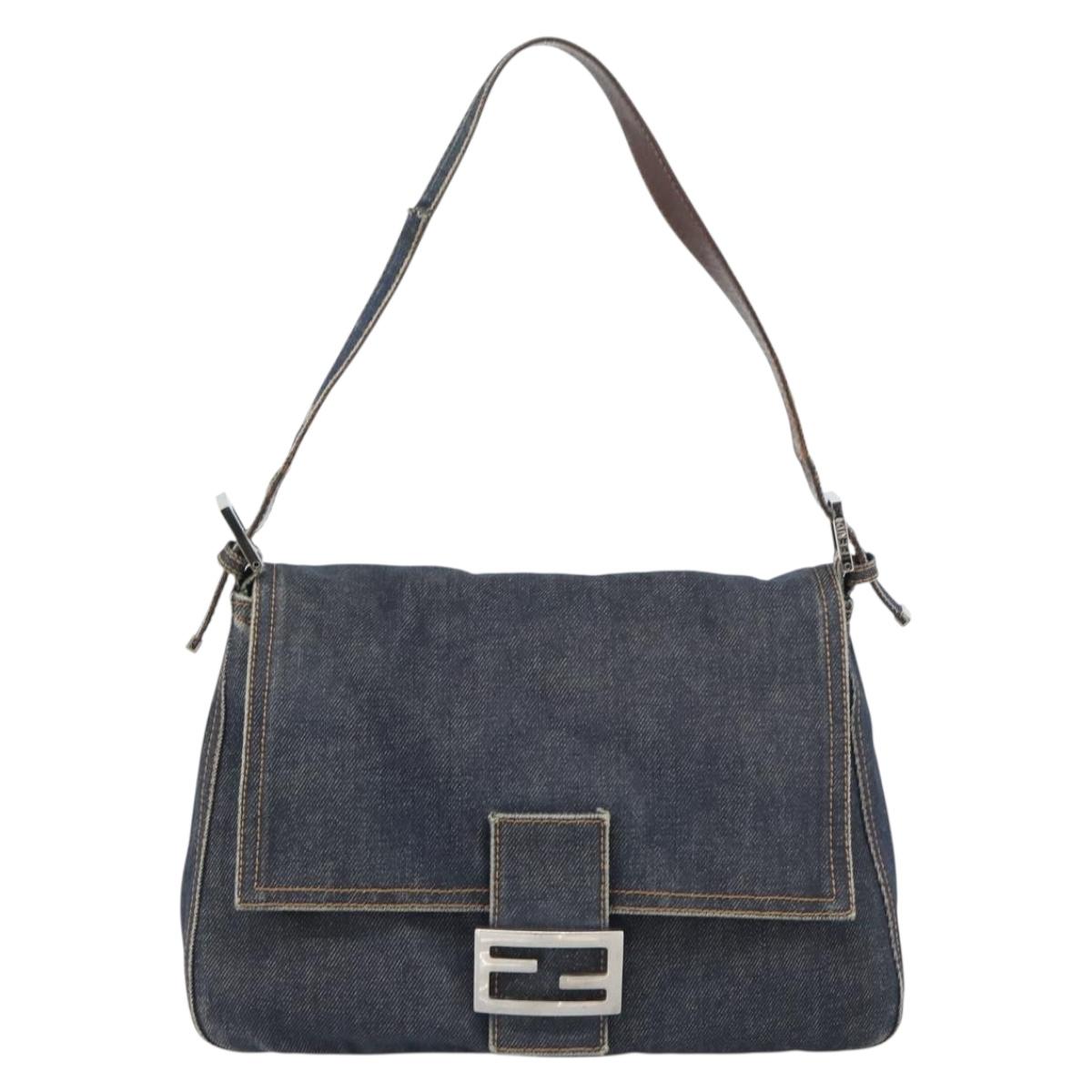 FENDI Mamma Baguette Shoulder Bag Denim Blue Silver Auth mr2547V