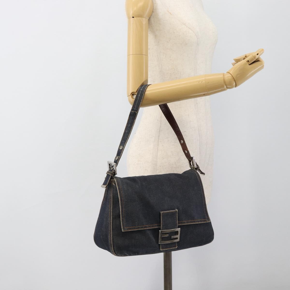 FENDI Mamma Baguette Shoulder Bag Denim Blue Silver Auth mr2547V
