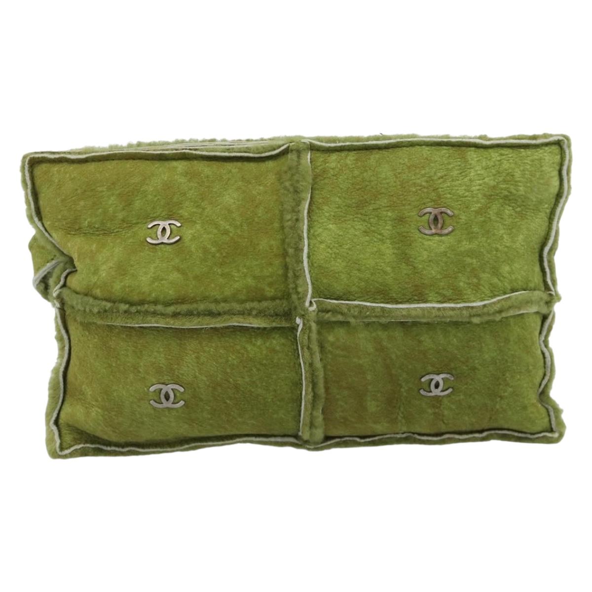 CHANEL Clutch Bag Mouton Green Silver CC Auth mr2548A