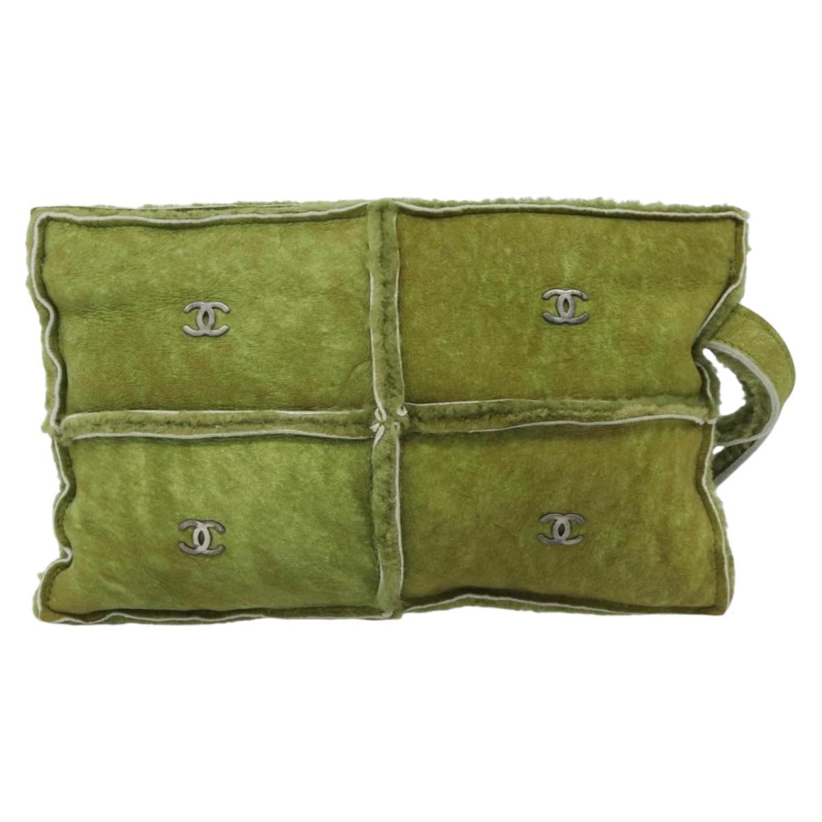 CHANEL Clutch Bag Mouton Green Silver CC Auth mr2548A