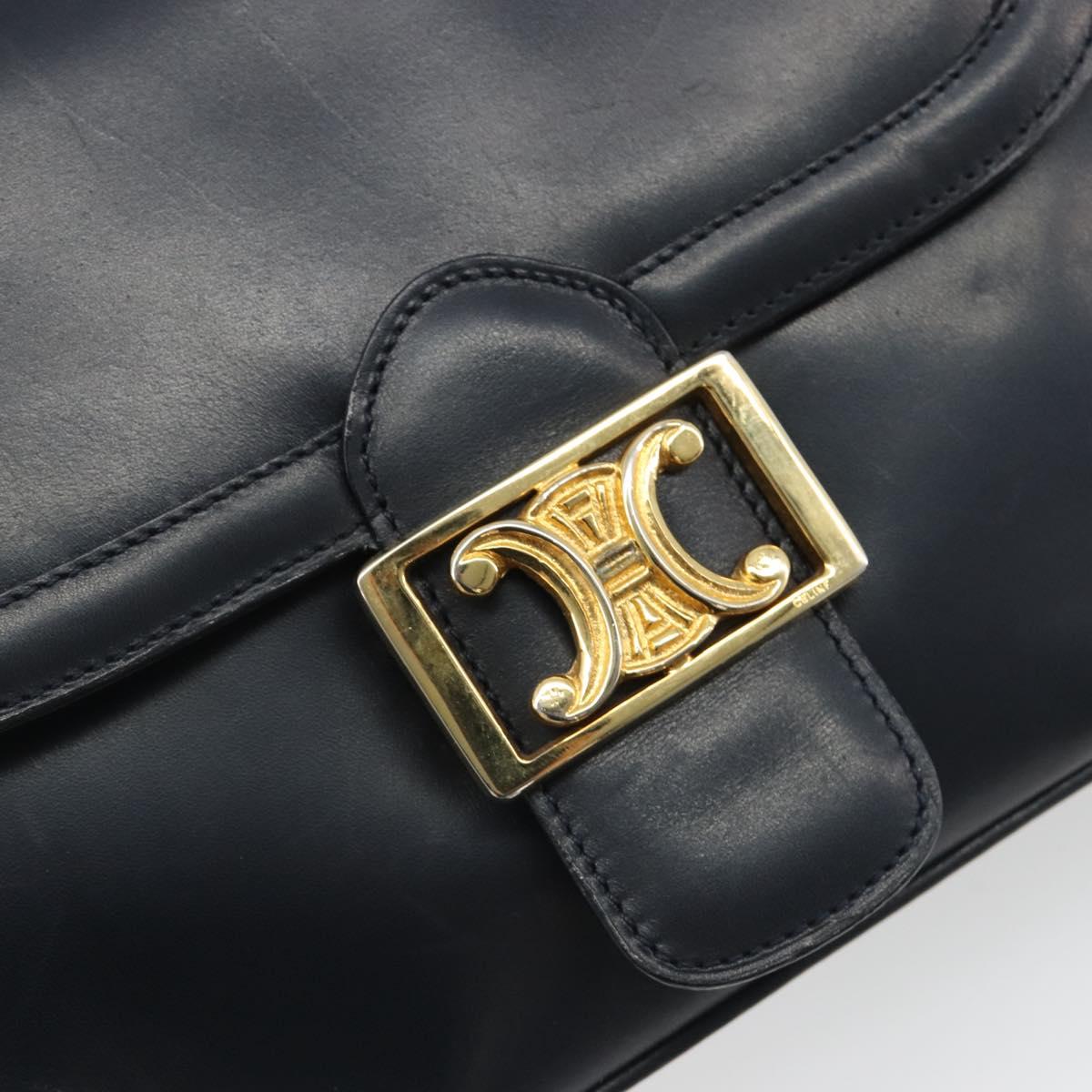 CELINE Shoulder Bag Leather Navy Gold Auth mr2557A