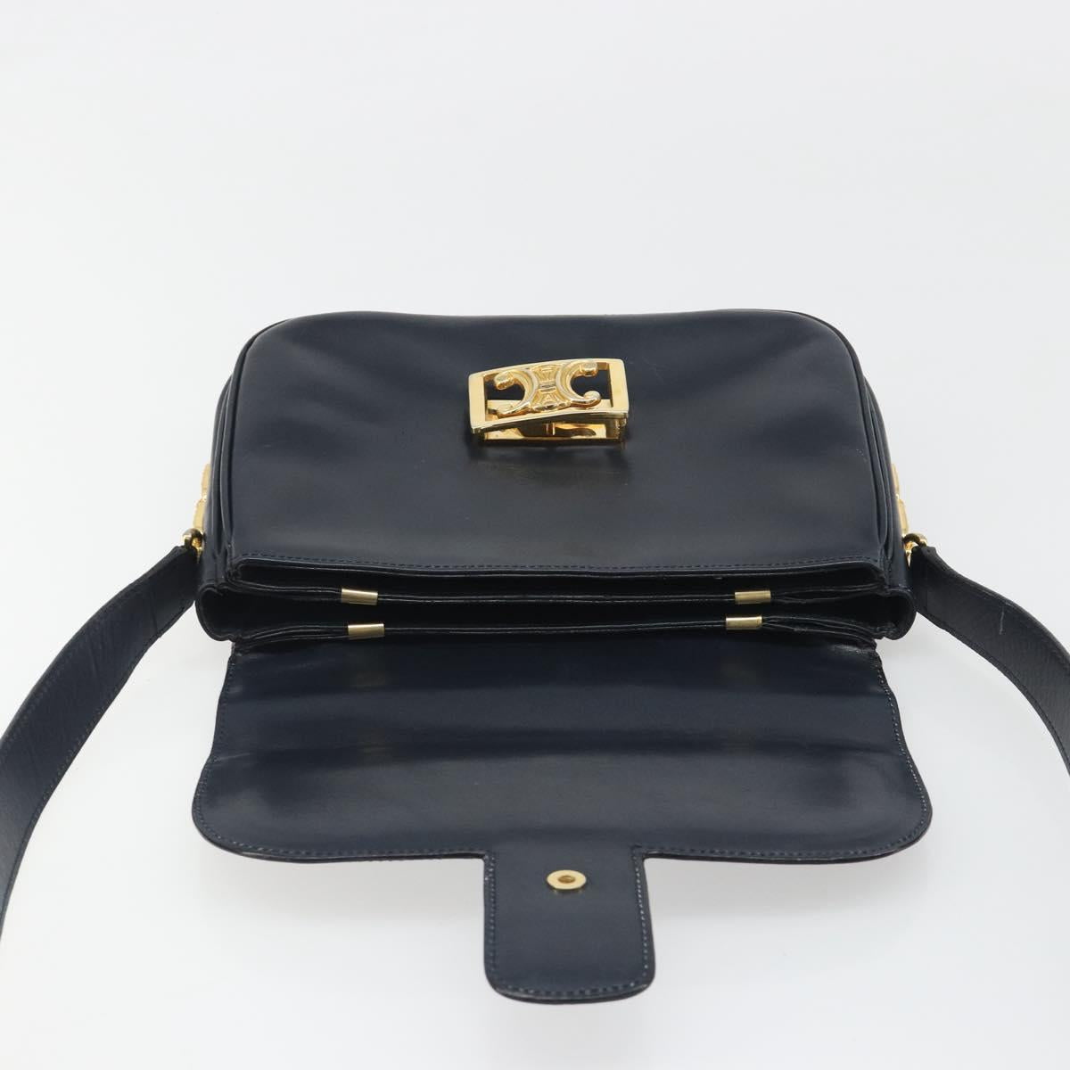 CELINE Shoulder Bag Leather Navy Gold Auth mr2557A