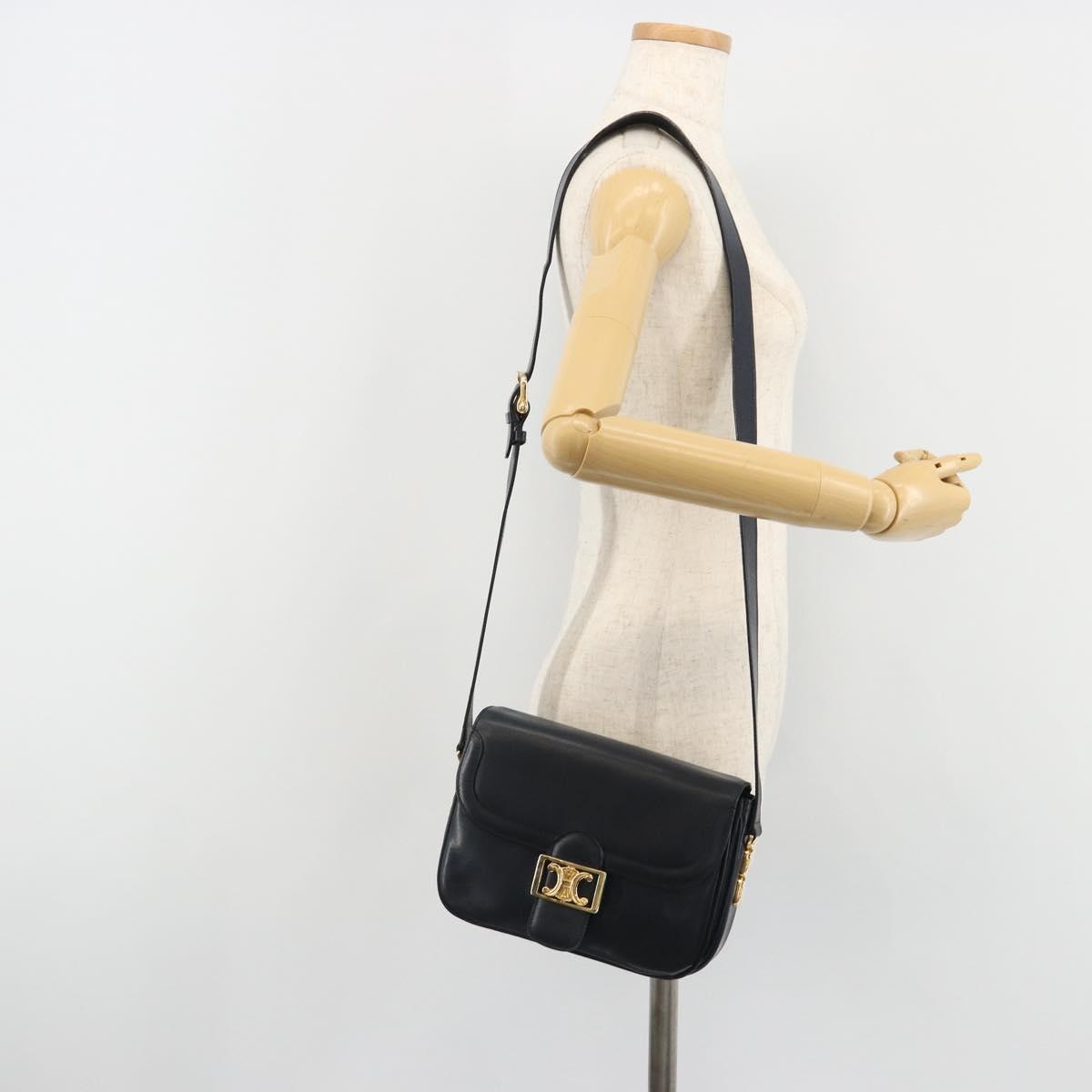 CELINE Shoulder Bag Leather Navy Gold Auth mr2557A