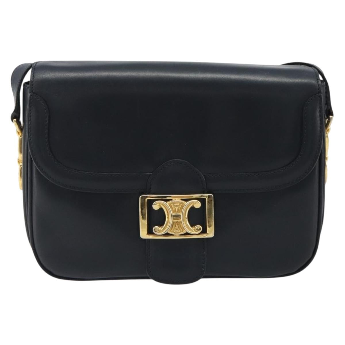 CELINE Shoulder Bag Leather Navy Gold Auth mr2557A