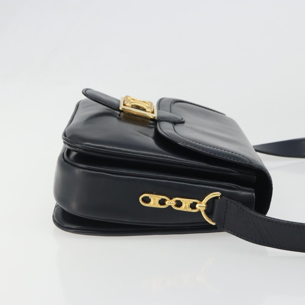 CELINE Shoulder Bag Leather Navy Gold Auth mr2557A