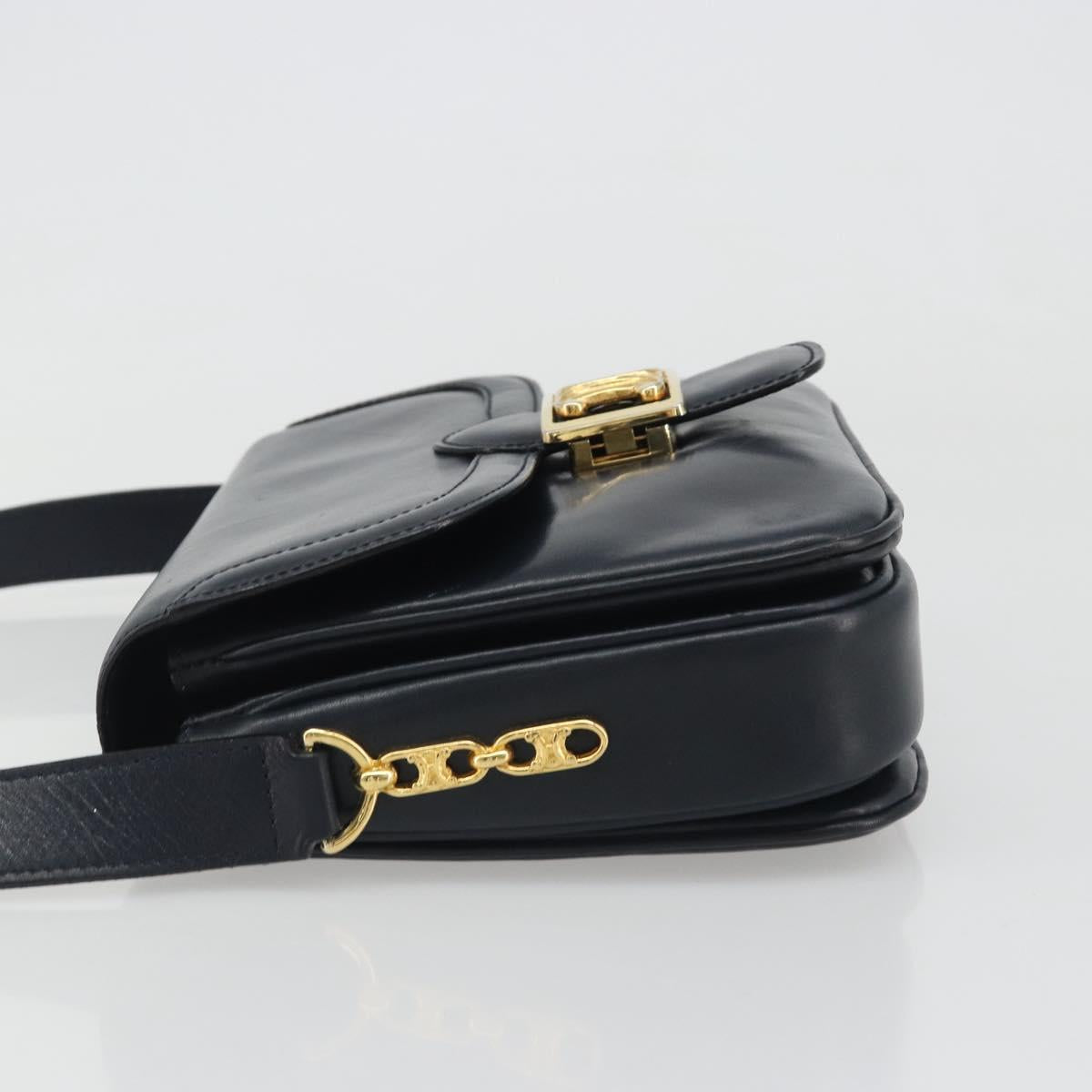 CELINE Shoulder Bag Leather Navy Gold Auth mr2557A