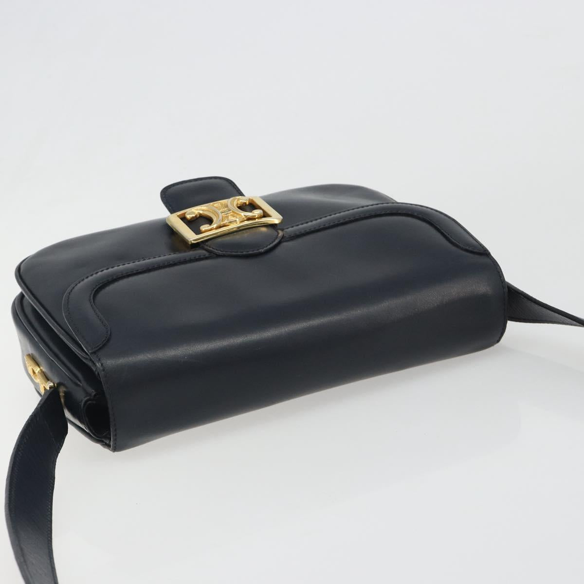 CELINE Shoulder Bag Leather Navy Gold Auth mr2557A