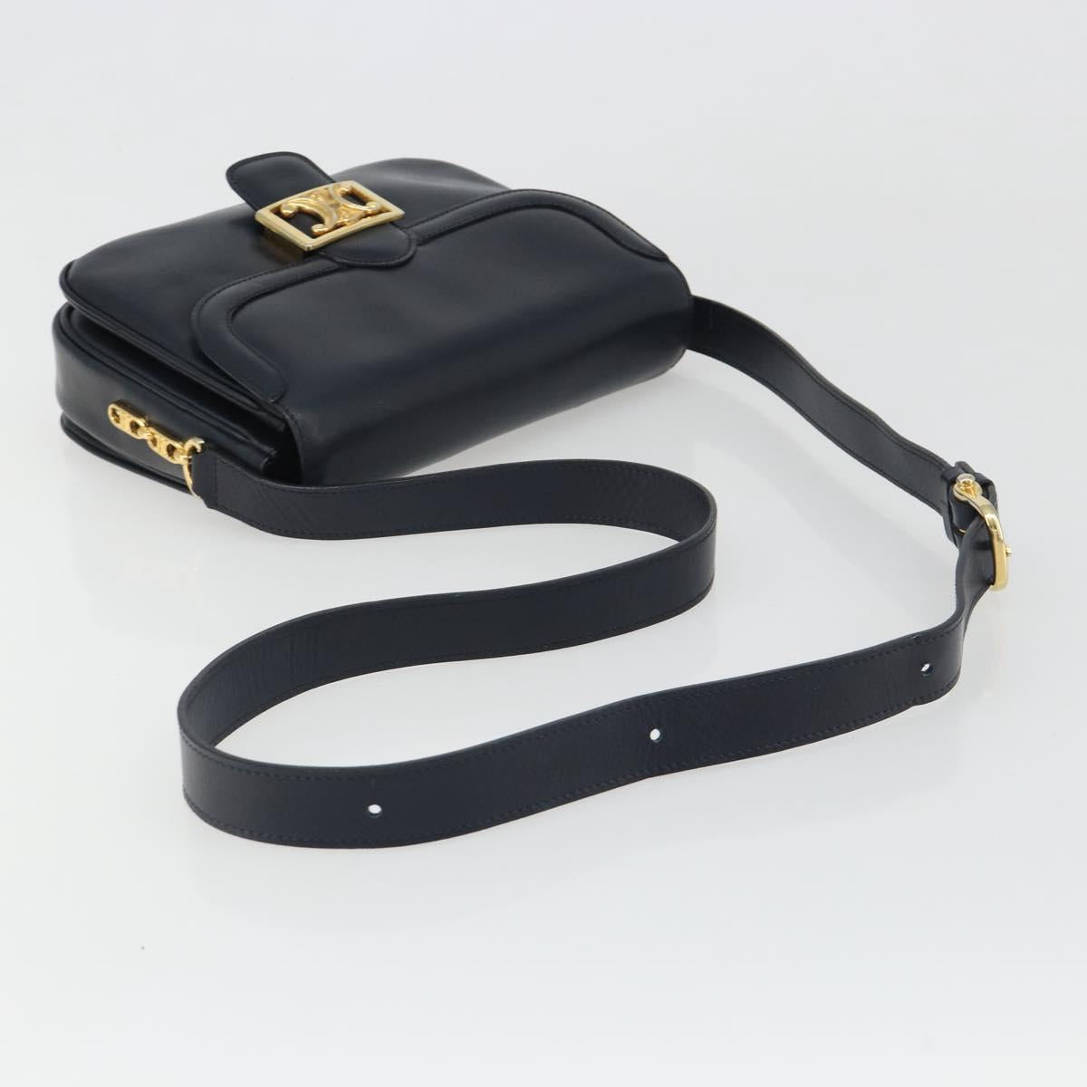 CELINE Shoulder Bag Leather Navy Gold Auth mr2557A