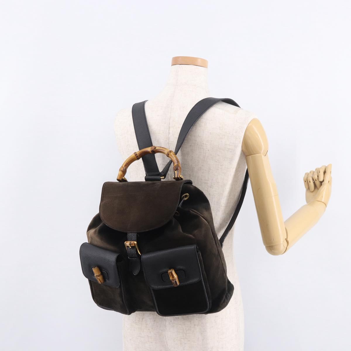 GUCCI Bamboo Backpack Suede Navy Gold 003 2058 0016 Auth mr2566
