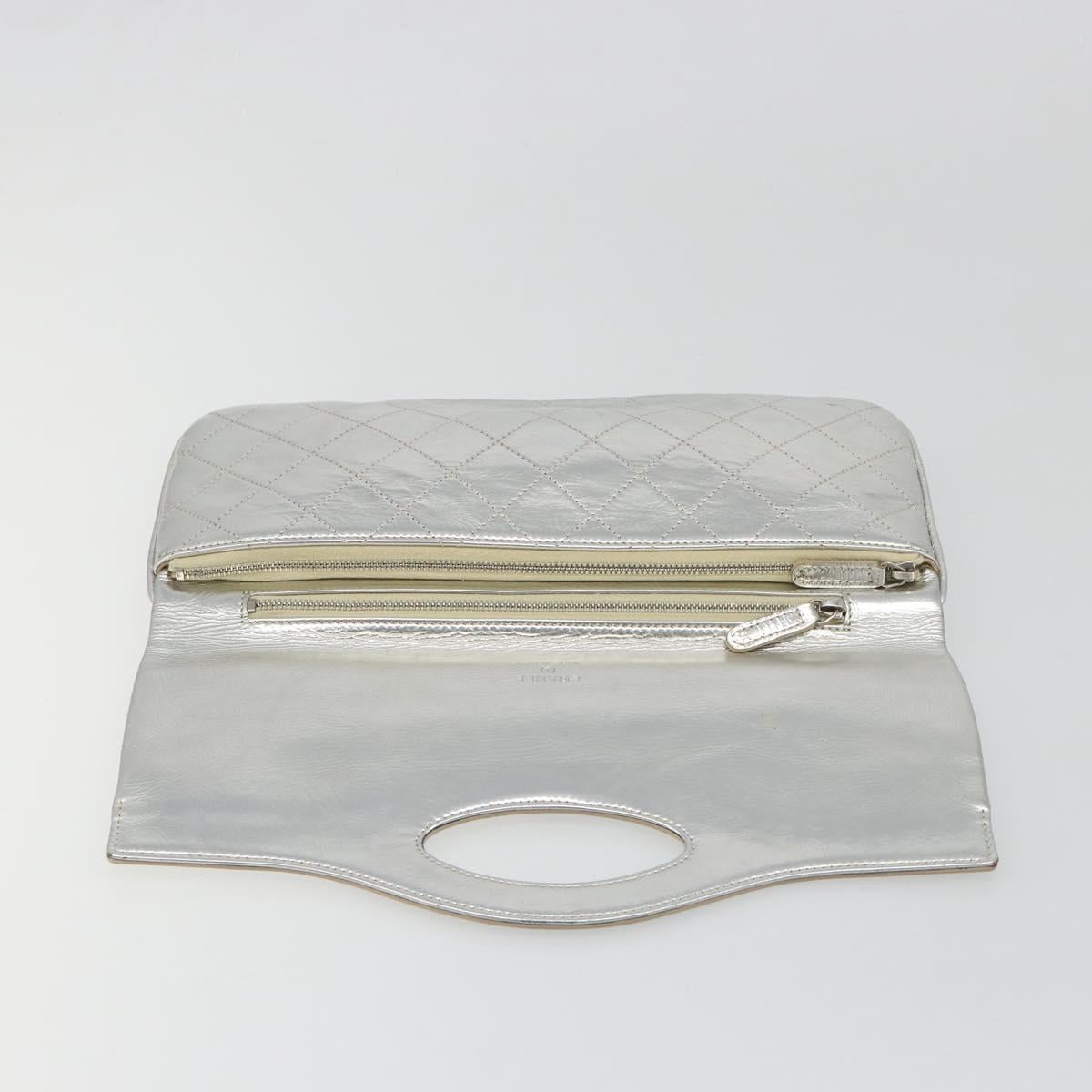 CHANEL Matelasse Clutch Bag Leather Silver CC Auth mr2573V
