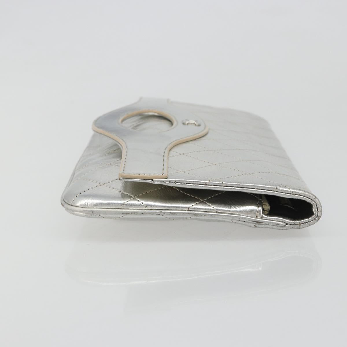 CHANEL Matelasse Clutch Bag Leather Silver CC Auth mr2573V