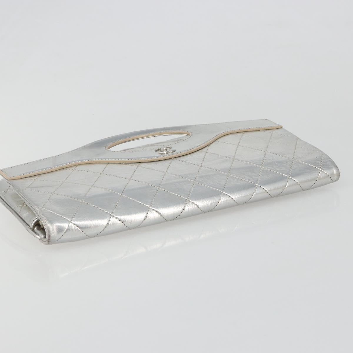 CHANEL Matelasse Clutch Bag Leather Silver CC Auth mr2573V