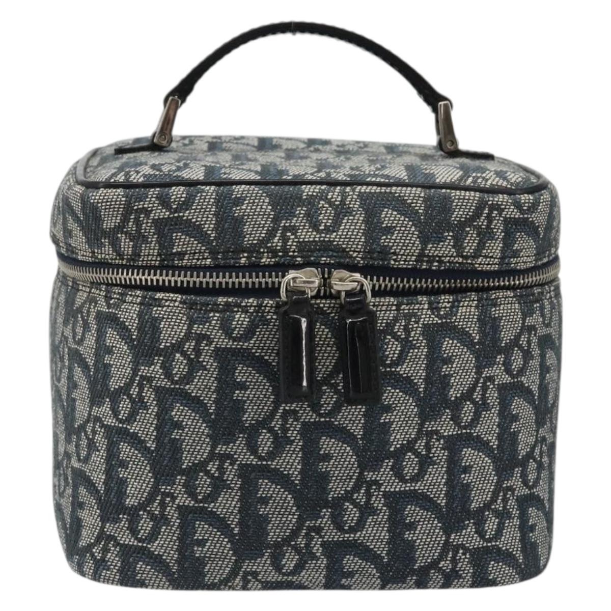 Christian Dior Trotter Canvas Vanity Hand Bag Navy Silver Auth mr2574V
