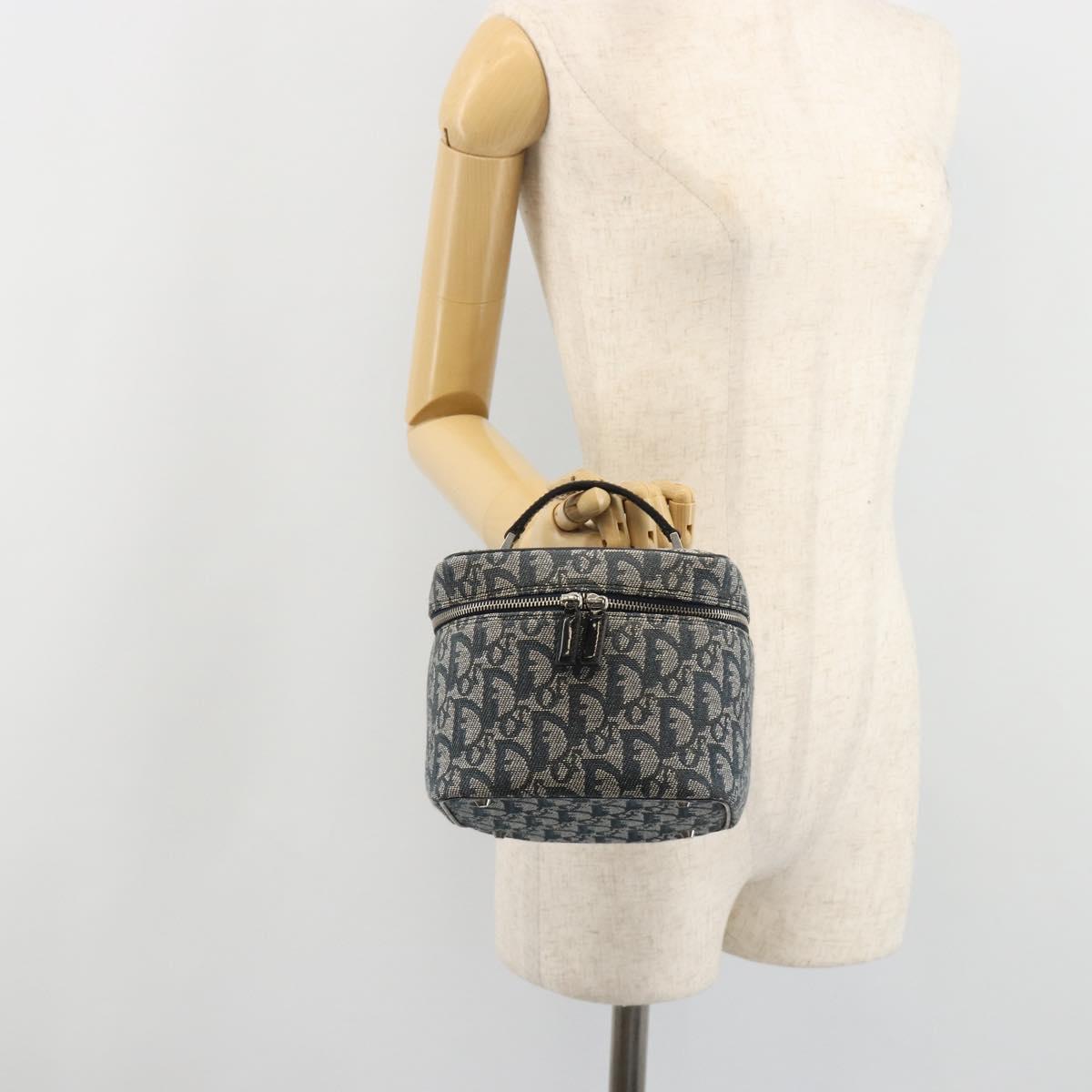 Christian Dior Trotter Canvas Vanity Hand Bag Navy Silver Auth mr2574V