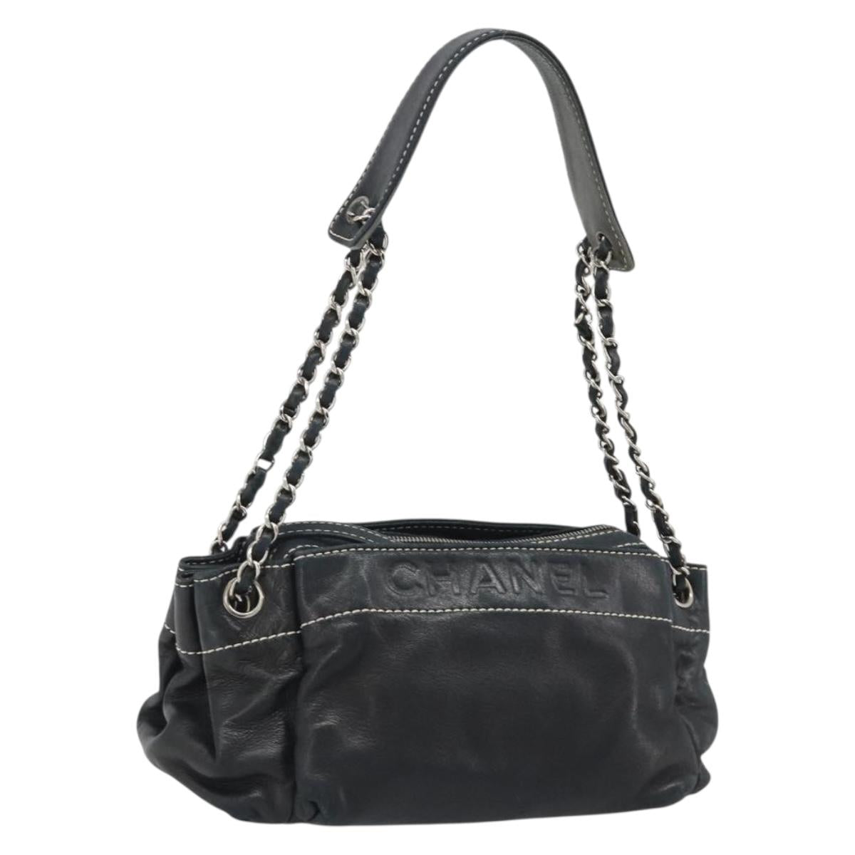 CHANEL Chain Shoulder Bag Lamb Skin Navy Silver CC Auth mr2596A