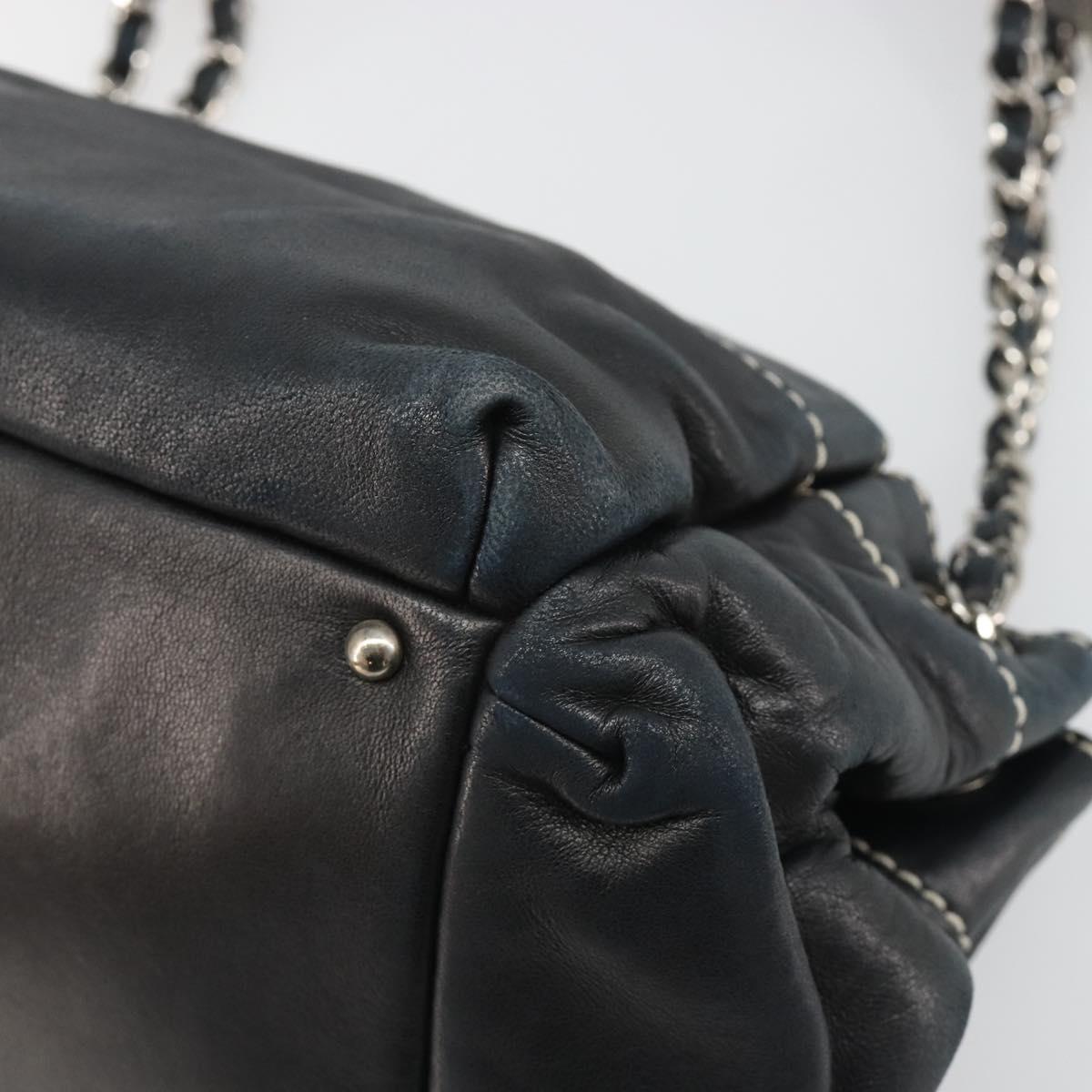 CHANEL Chain Shoulder Bag Lamb Skin Navy Silver CC Auth mr2596A