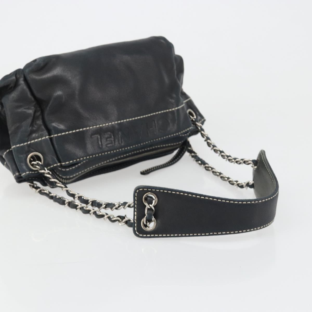 CHANEL Chain Shoulder Bag Lamb Skin Navy Silver CC Auth mr2596A