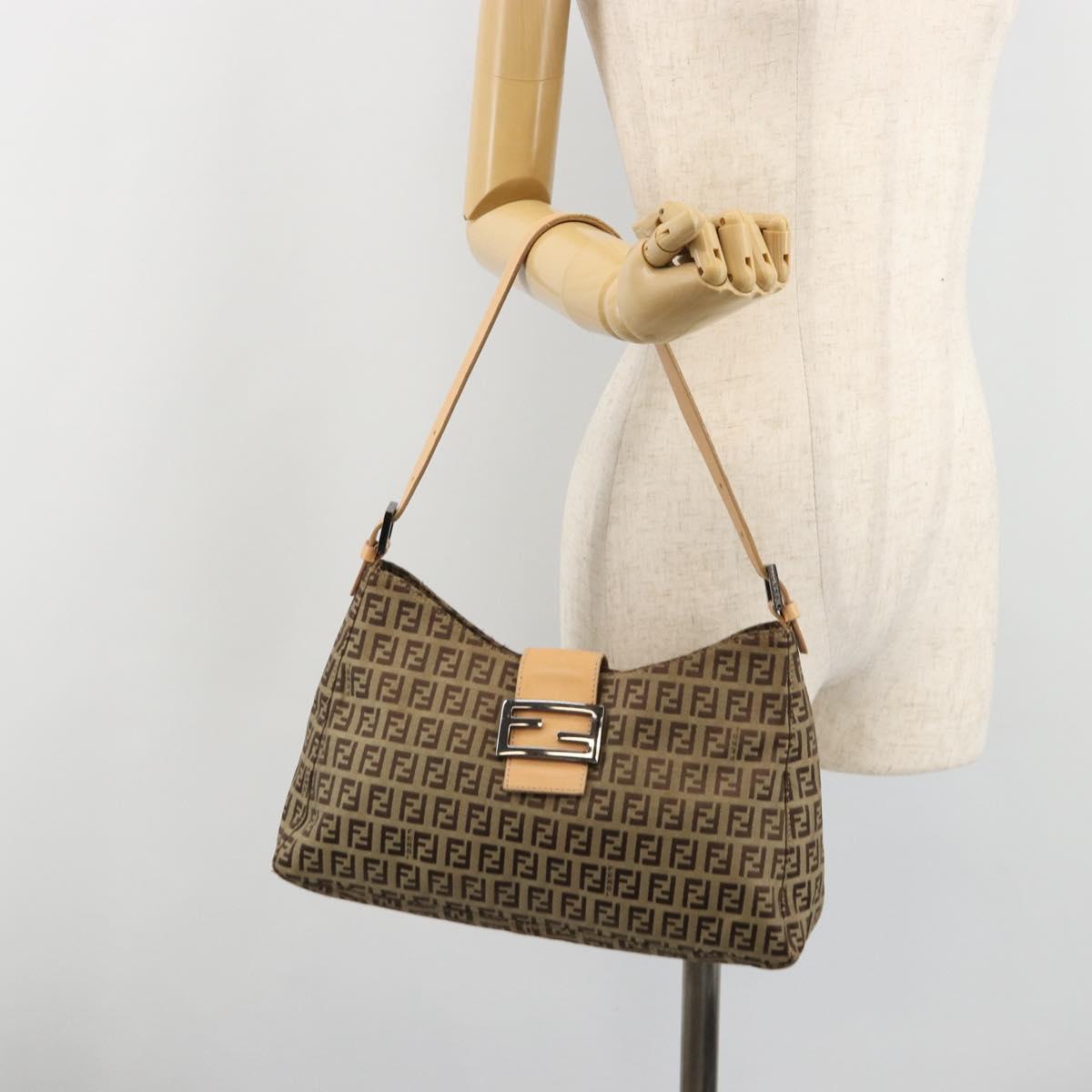 FENDI Zucchino Canvas Mamma Baguette Shoulder Bag Beige Silver Auth mr2597A
