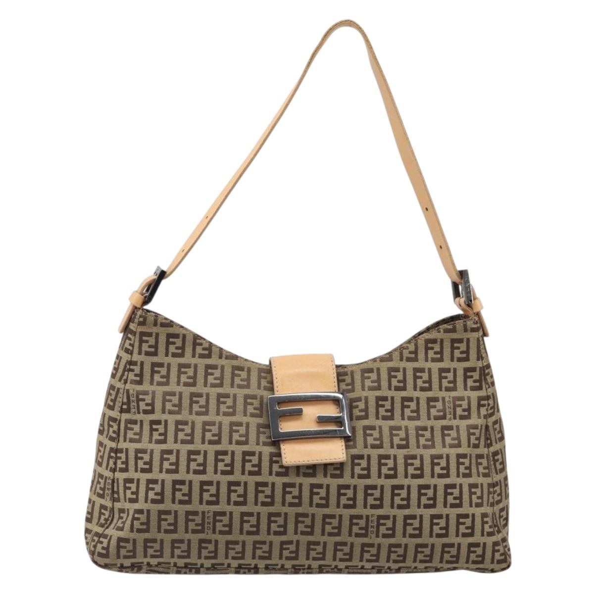 FENDI Zucchino Canvas Mamma Baguette Shoulder Bag Beige Silver Auth mr2597A