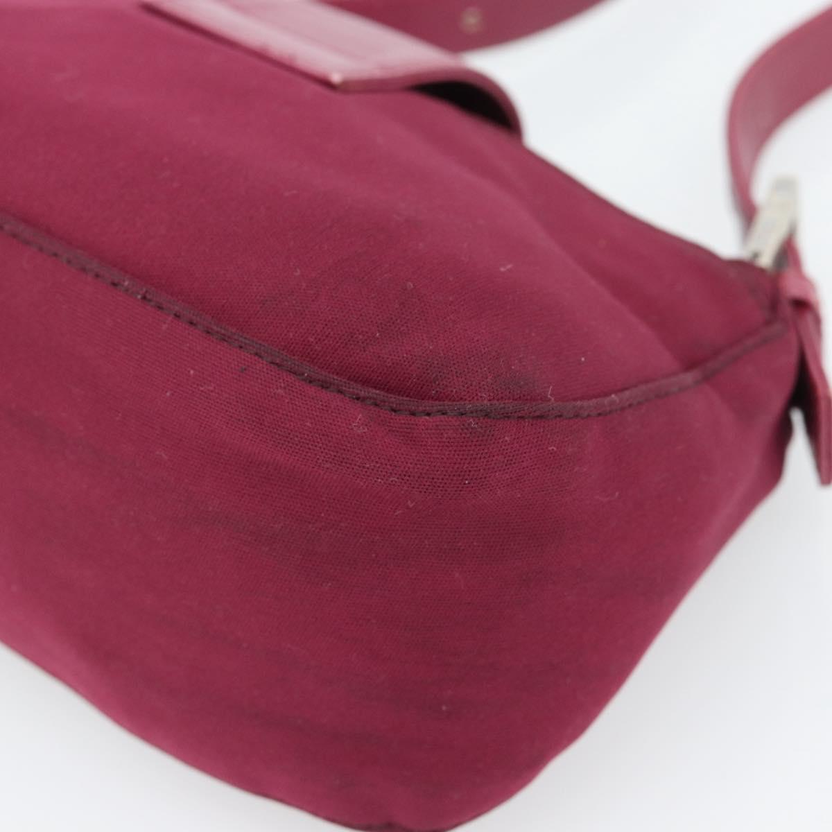 FENDI Mamma Baguette Shoulder Bag Cotton Wine Red Silver Auth mr2598