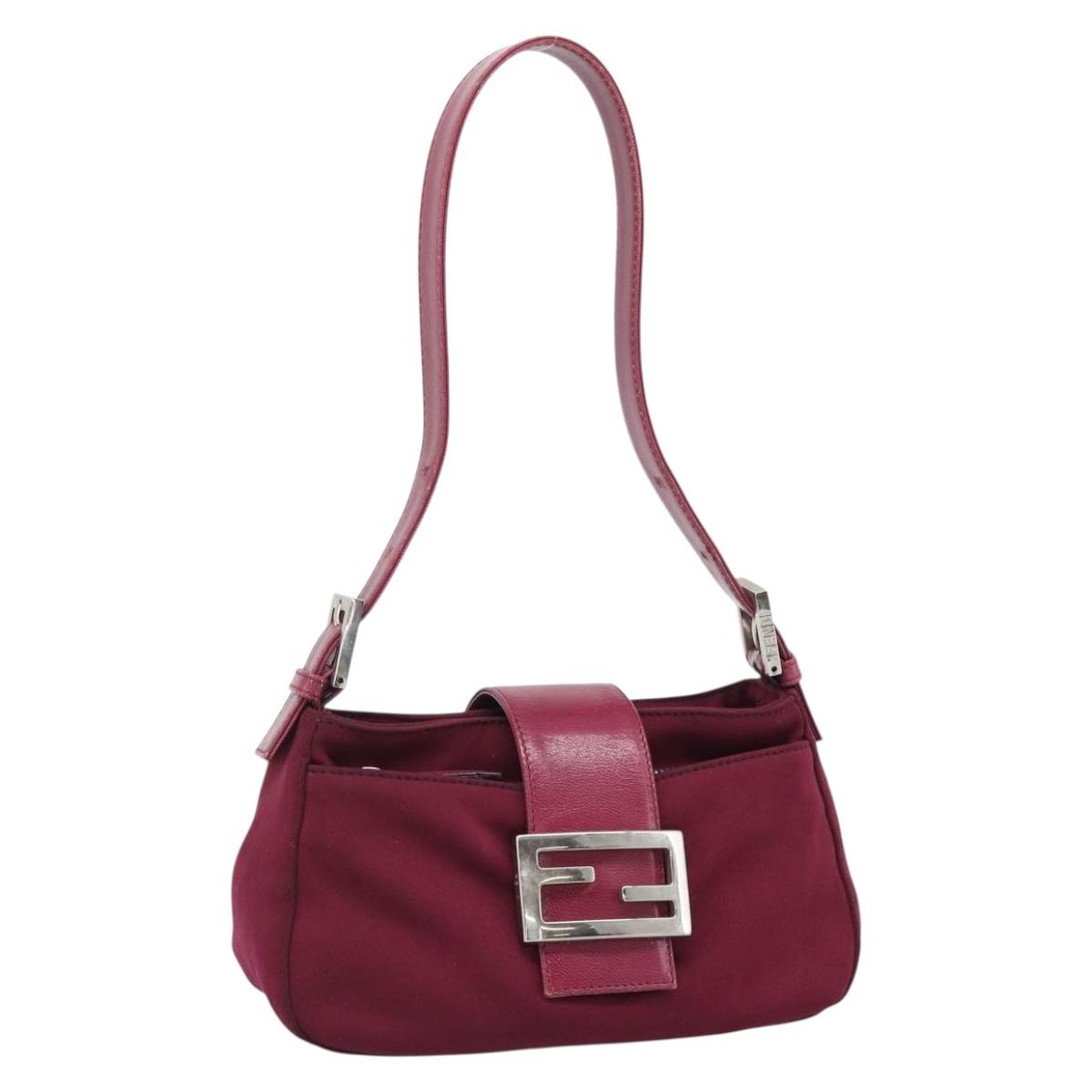 FENDI Mamma Baguette Shoulder Bag Cotton Wine Red Silver Auth mr2598
